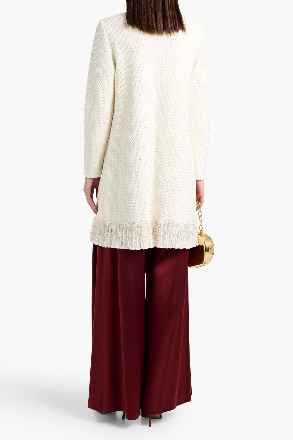 Oscar De La Renta Fringed Sequin-embellished Textured-knit Coat In White
