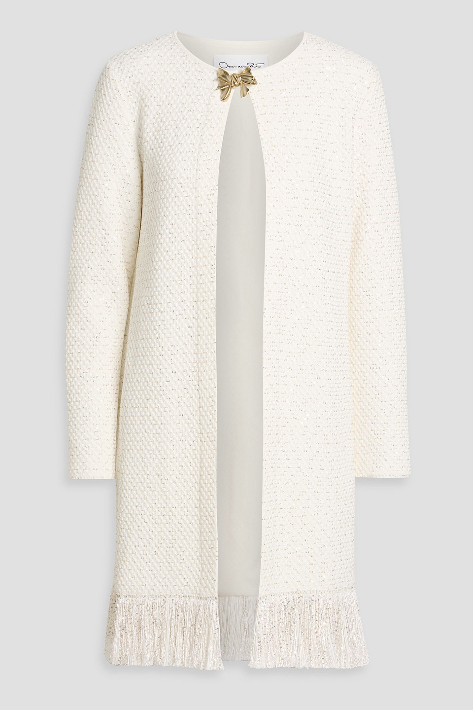 Oscar De La Renta Fringed Sequin-embellished Textured-knit Coat In White