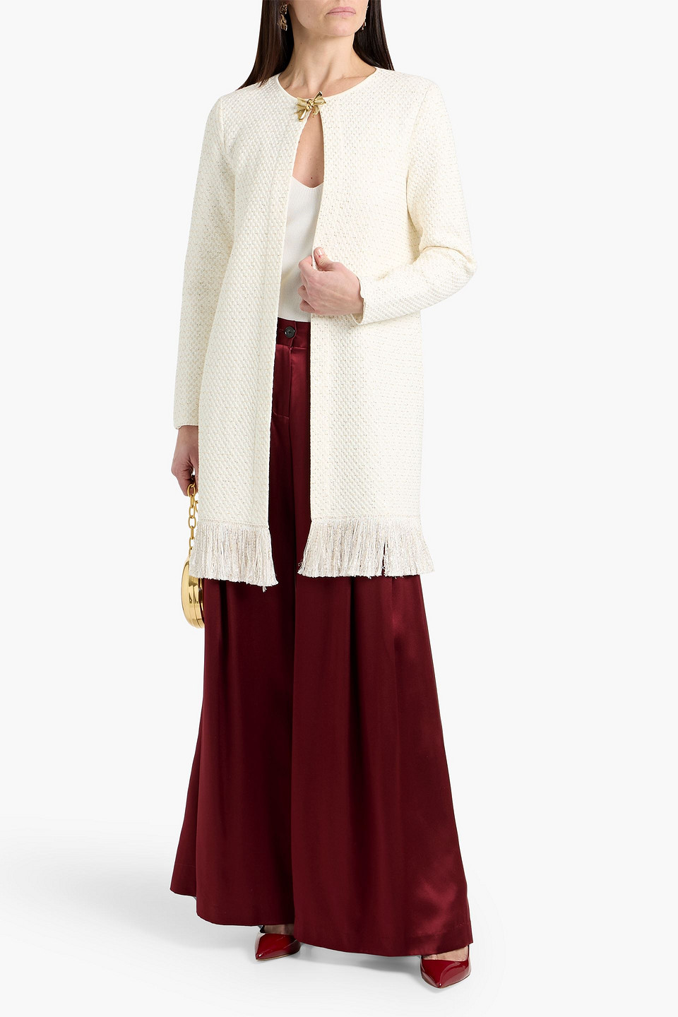 Oscar De La Renta Fringed Sequin-embellished Textured-knit Coat In White