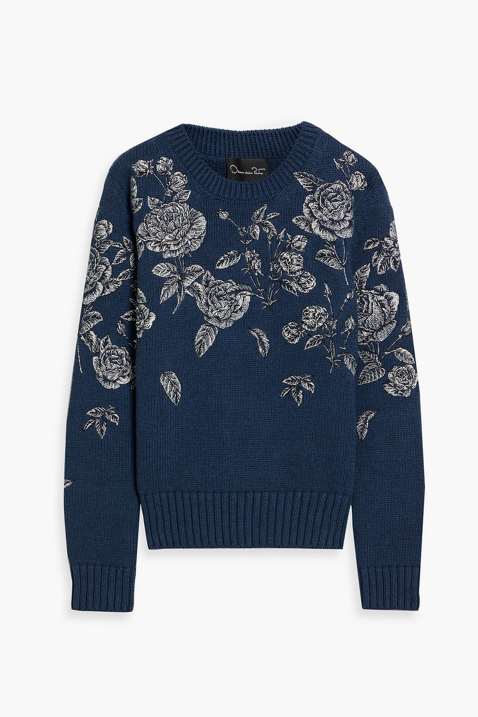 Oscar De La Renta Embroidered Cotton Sweater In Blue