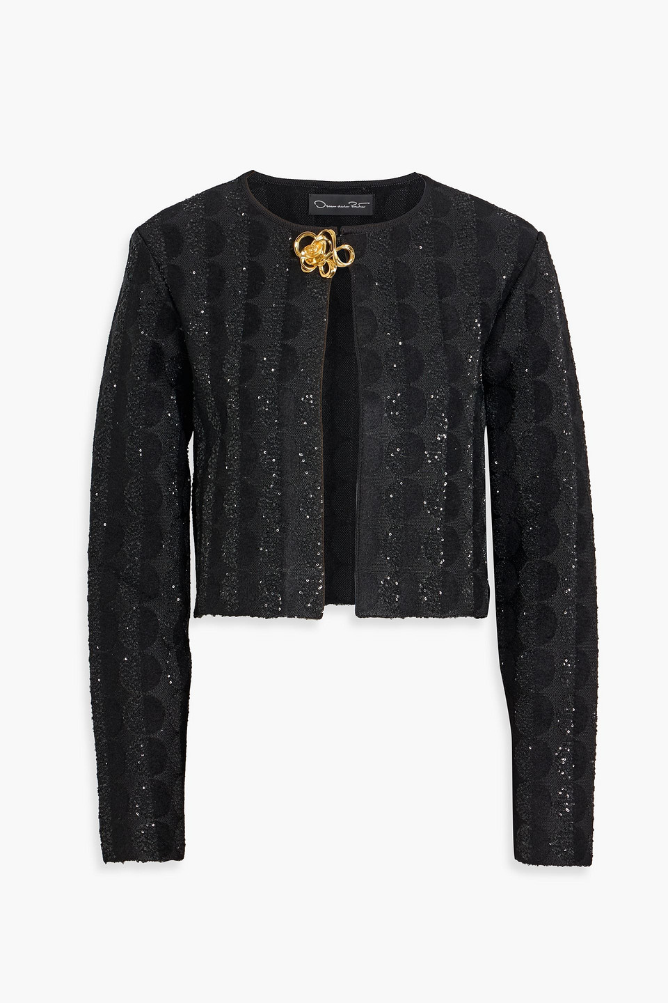 Oscar De La Renta Cropped Embellished Jacquard-knit Cardigan In Black