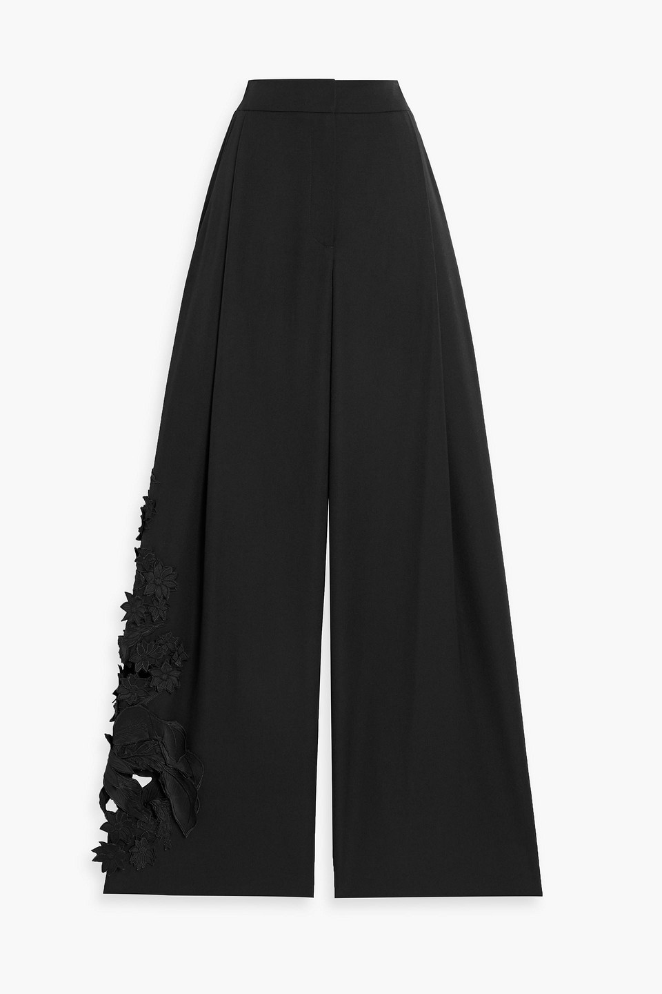 Oscar De La Renta Guipure Lace-paneled Grain De Poudre Wool Wide-leg Pants In Black