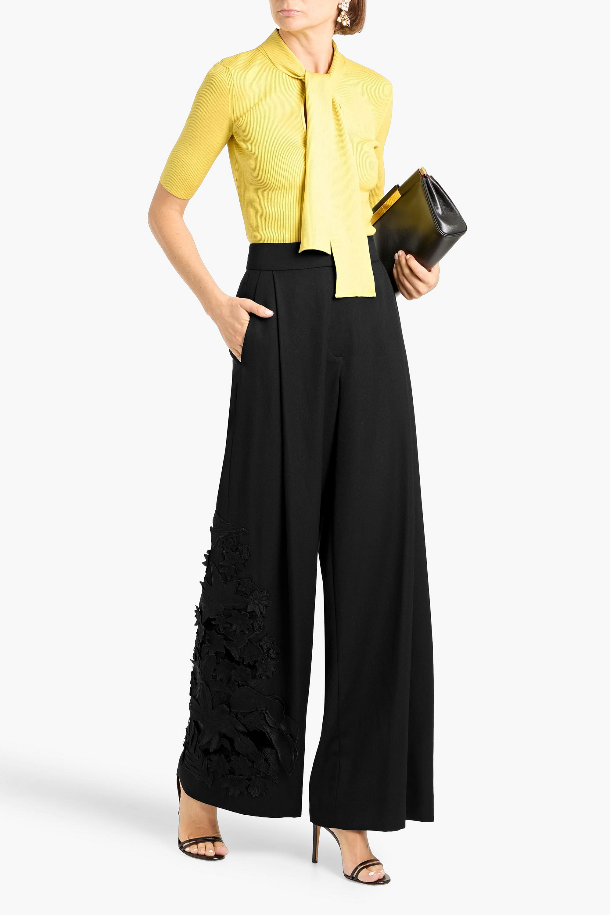 Oscar de la Renta Guipure lace-paneled grain de poudre wool wide-leg pants