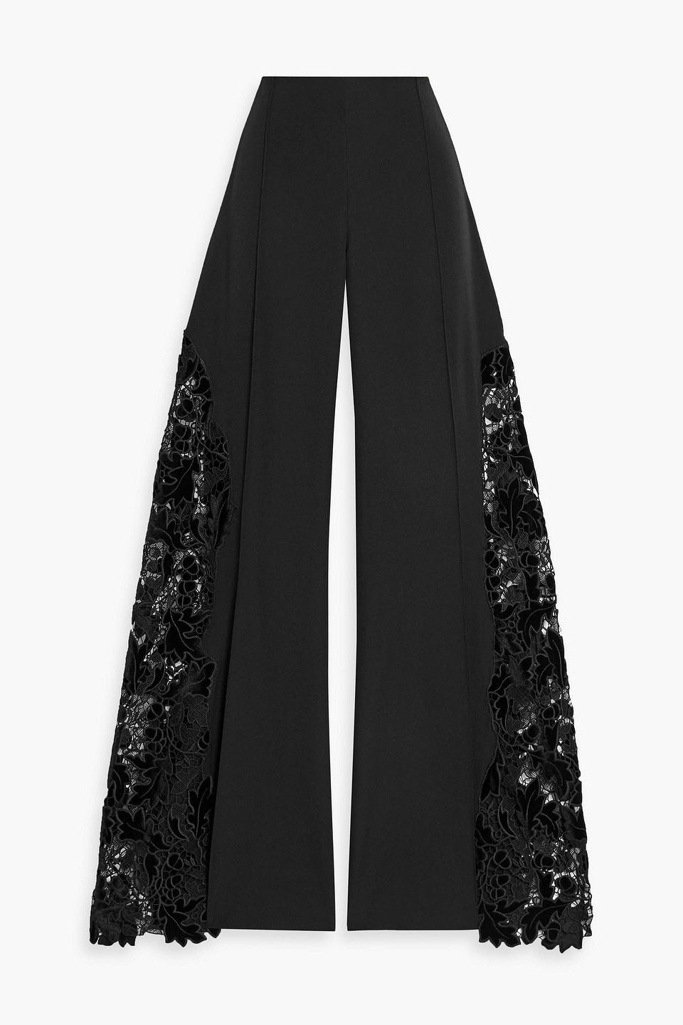 Oscar De La Renta Guipure Lace-paneled Grain De Poudre Wool Wide-leg Pants In Black