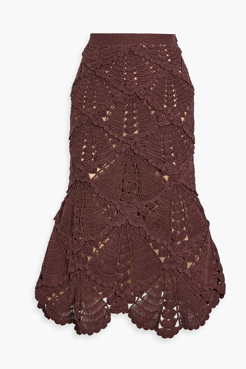 Oscar De La Renta Scalloped Crocheted Cotton Midi Skirt In Brown
