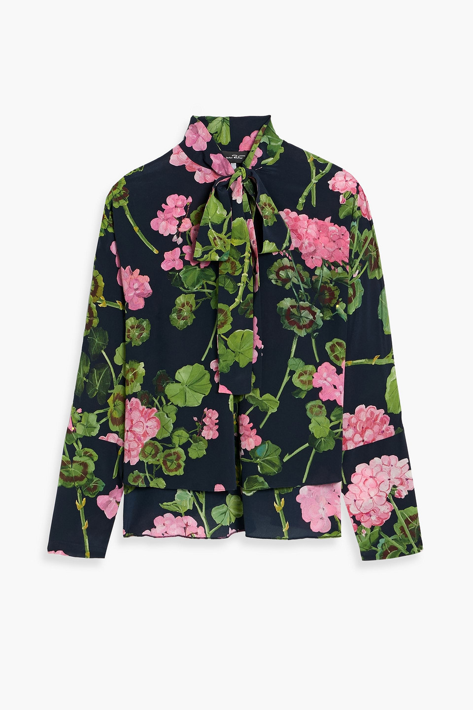 Oscar De La Renta Pussy-bow Floral-print Silk Crepe De Chine Blouse In Blue
