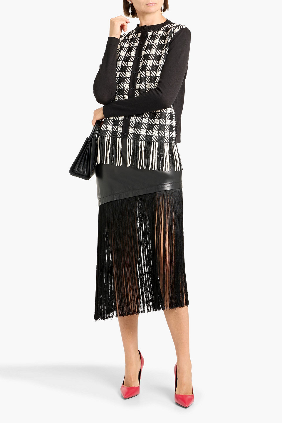 Oscar De La Renta Fringed Checked Jacquard Knit-paneled Silk-blend Cardigan In Black