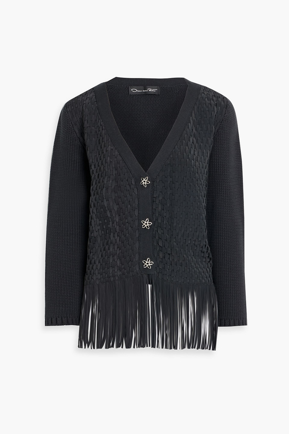 Oscar De La Renta Fringed Crepe De Chine-paneled Cotton-blend Cardigan In Black