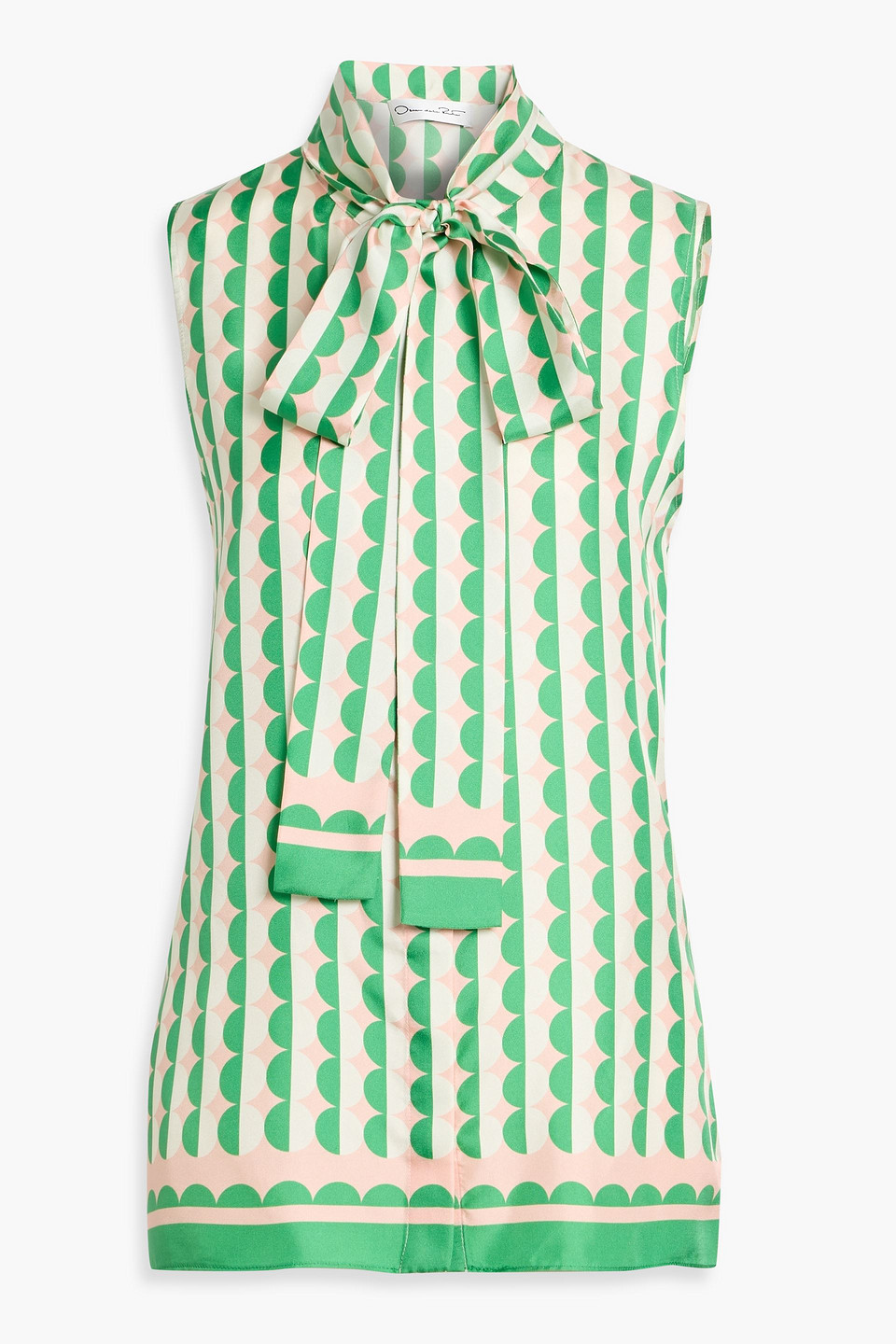 Oscar De La Renta Pussy-bow Printed Silk-twill Top In Green