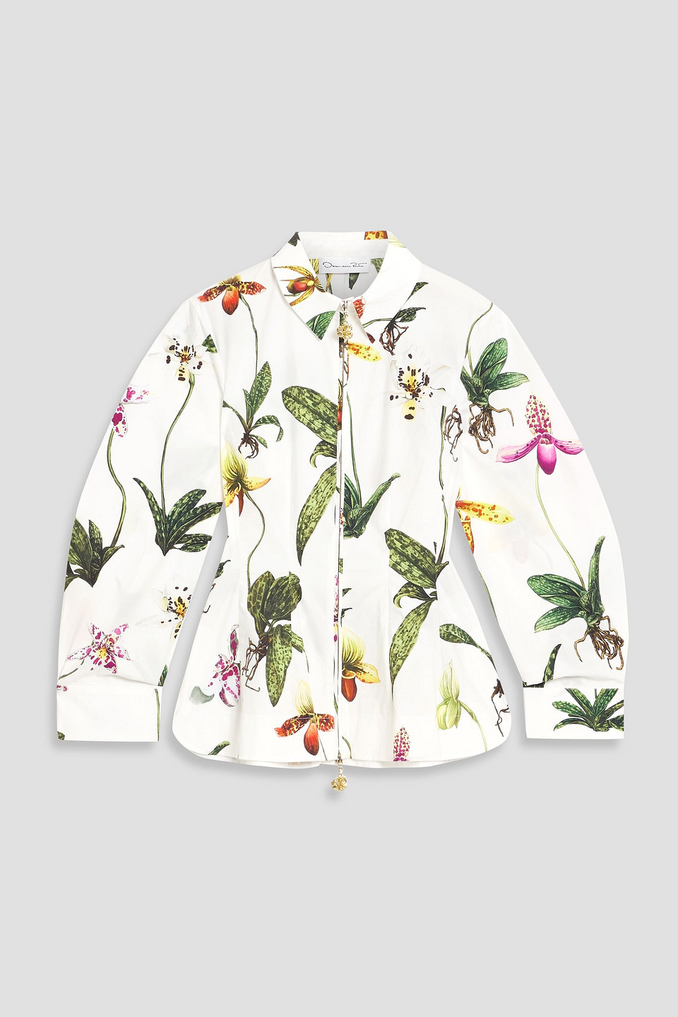 oscar de la renta - floral-print cotton-blend poplin shirt - white - us 2