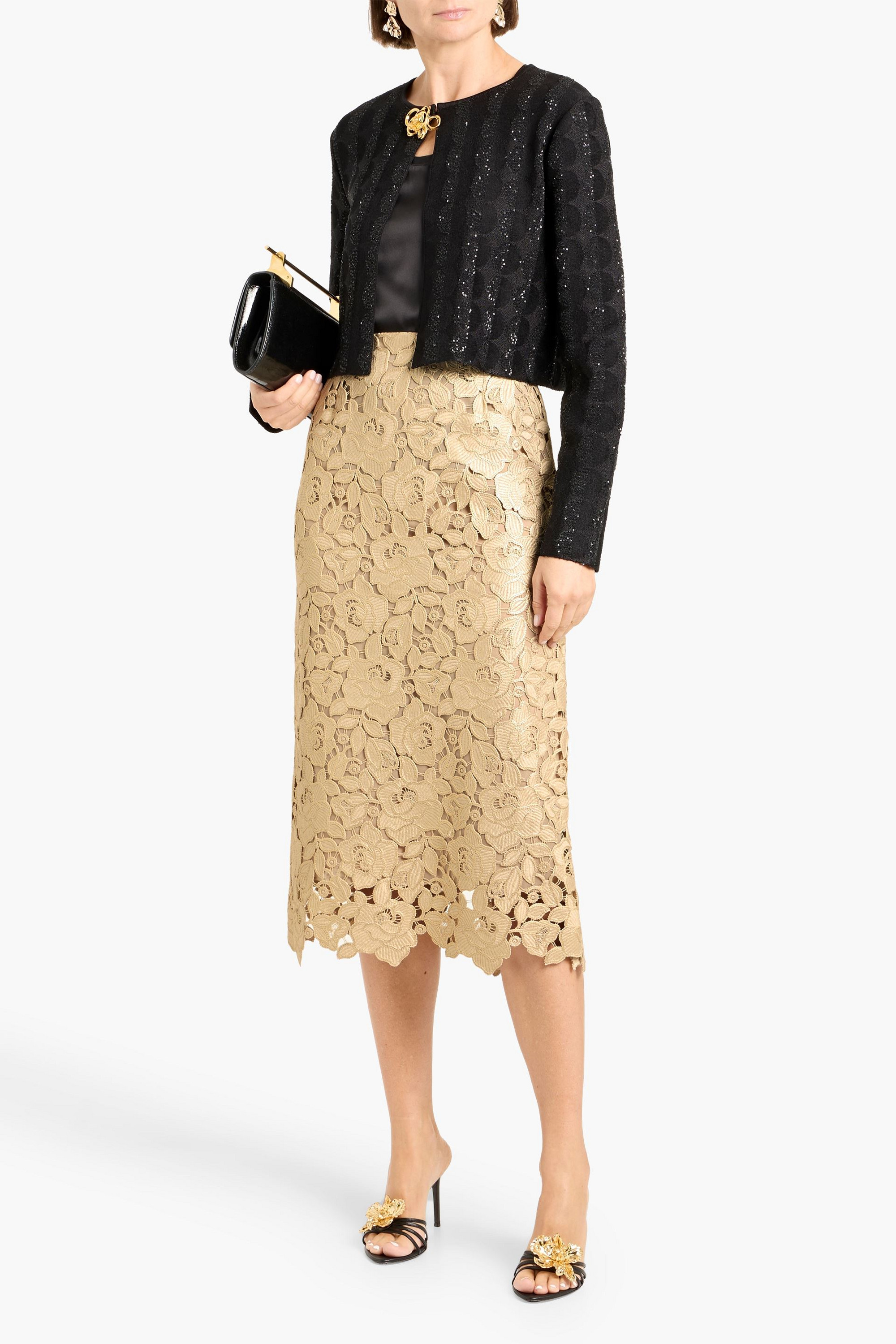 Oscar de la Renta Metallic guipure lace midi skirt