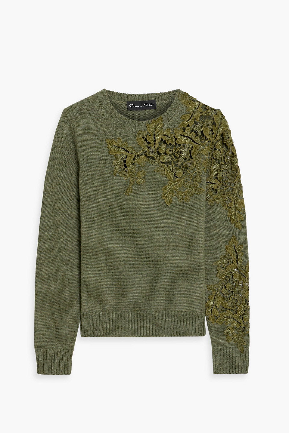 Oscar De La Renta Guipure Lace-paneled Wool Sweater In Green