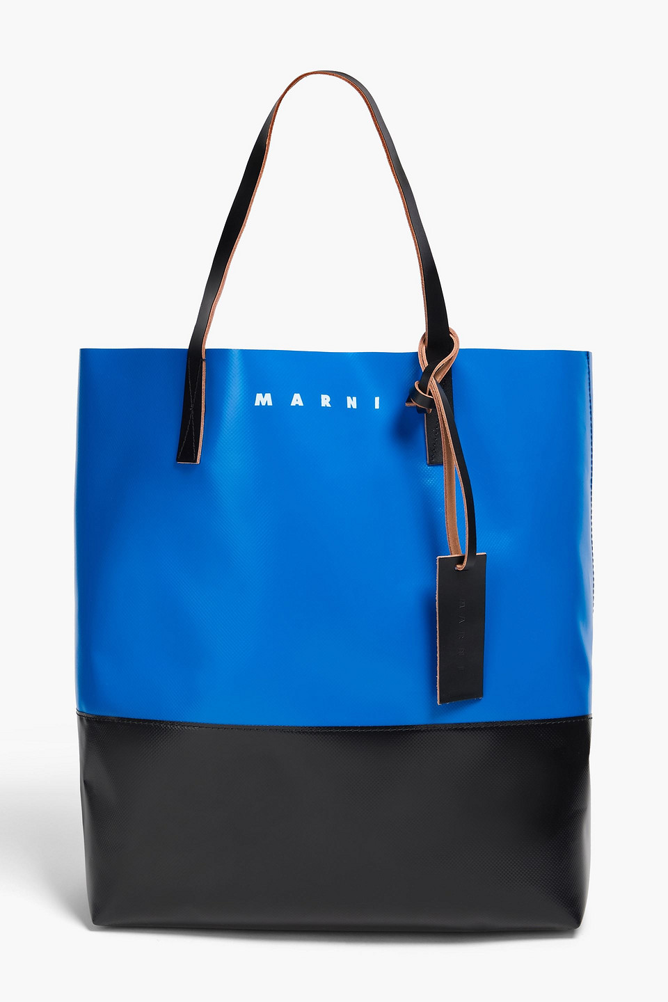 marni - tribeca leather-trimmed coated-canvas tote - blue - onesize