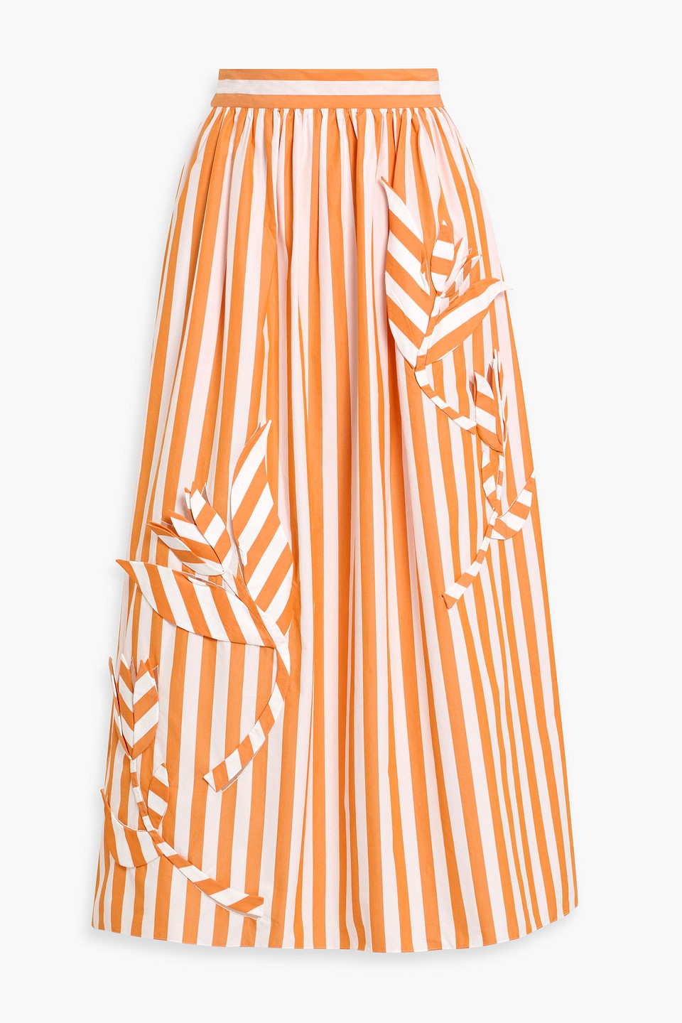 Oscar De La Renta Striped Floral-appliquéd Cotton-poplin Midi Skirt In Orange
