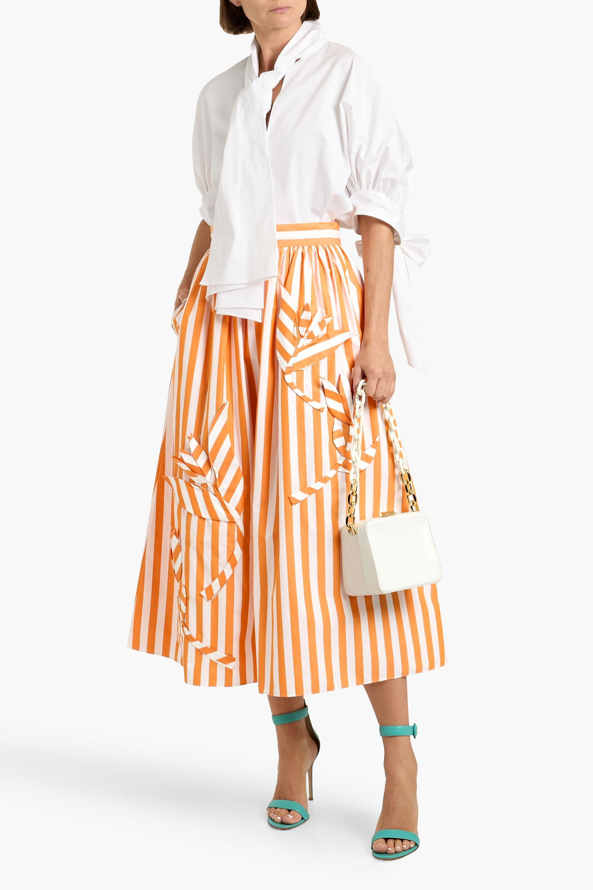 Oscar de la Renta Striped floral-appliquéd cotton-poplin midi skirt