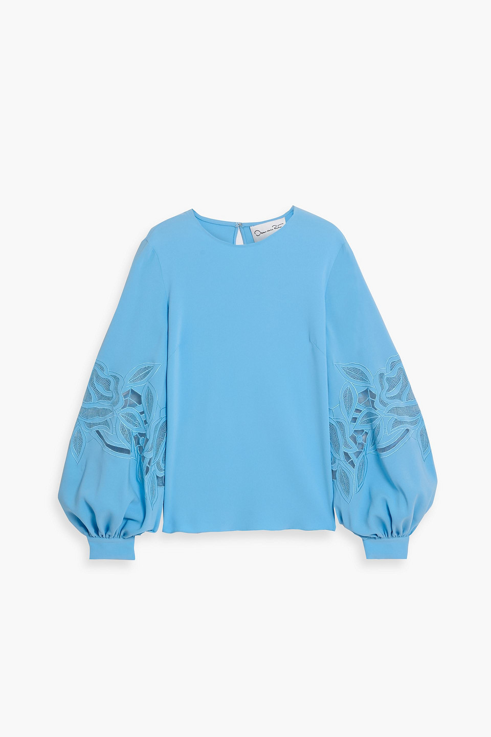 Oscar De La Renta Guipure Lace-paneled Stretch-silk Blouse In Blue