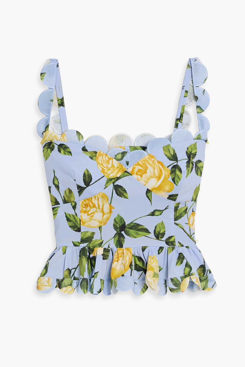 oscar de la renta - cropped floral-print cotton-blend poplin peplum top - blue - us 0