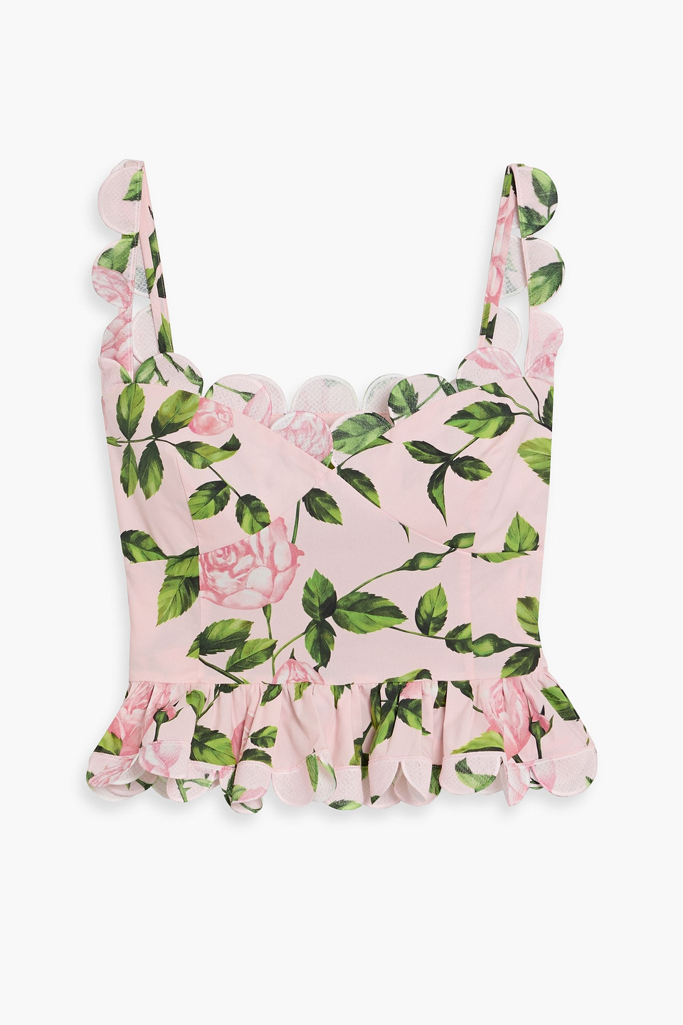 Oscar De La Renta Cropped Floral-print Cotton-blend Poplin Peplum Top In Pink