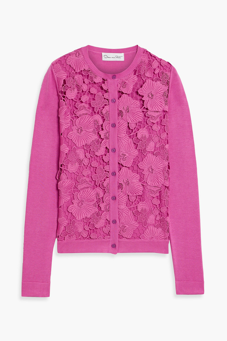 Oscar De La Renta Guipure Lace-paneled Silk-blend Cardigan In Pink