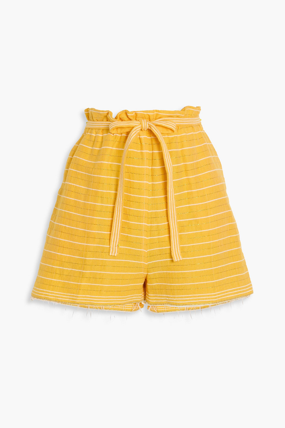 Lemlem Belted Metallic Striped Cotton Shorts In Yellow