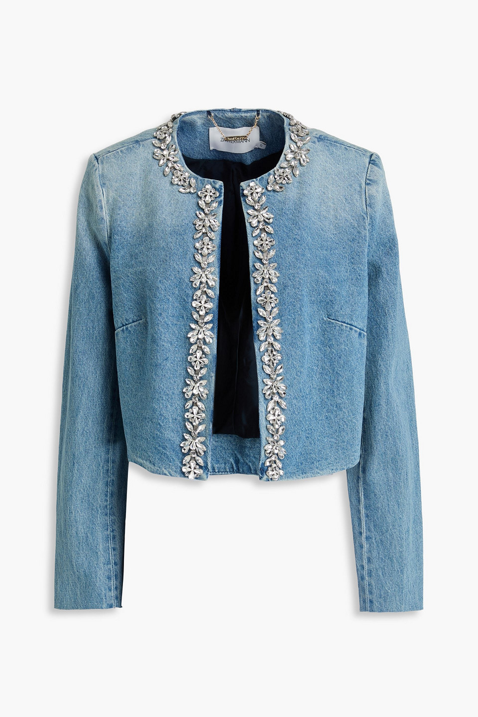 Zimmermann Cropped Crystal-embellished Denim Jacket In Blue