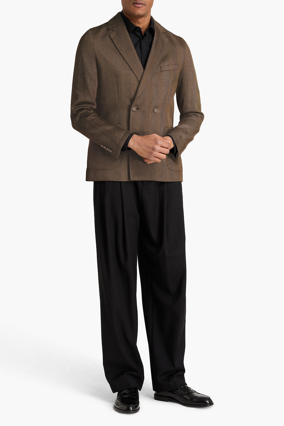  Officine Générale - Doppelreihiger Blazer „leon“ Aus Einer Leinen-baumwollmischung Mit Fischgratmuster - Braun - It 46 