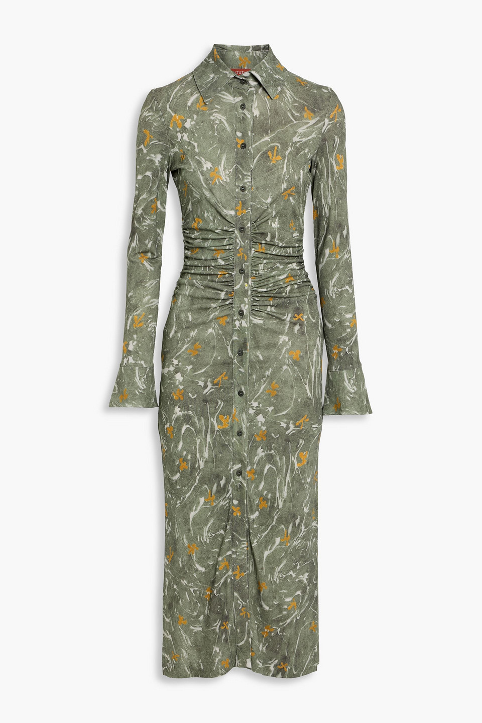 altuzarra - ruched printed crepe midi shirt dress - green - fr 34