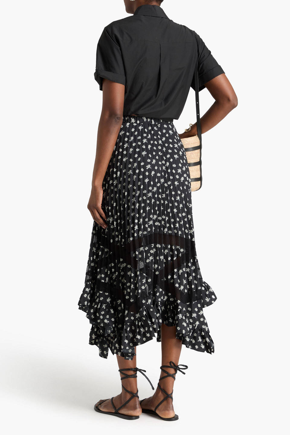  Claudie Pierlot - Midirock Aus Point D'esprit Und Crêpe De Chine Mit Floralem Print - Schwarz - Fr 34 