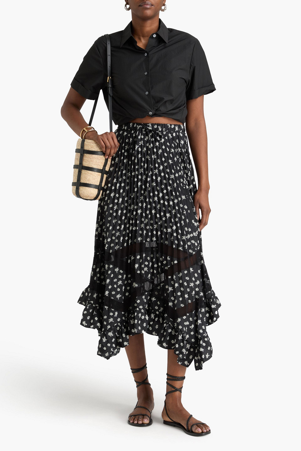  Claudie Pierlot - Midirock Aus Point D'esprit Und Crêpe De Chine Mit Floralem Print - Schwarz - Fr 34 