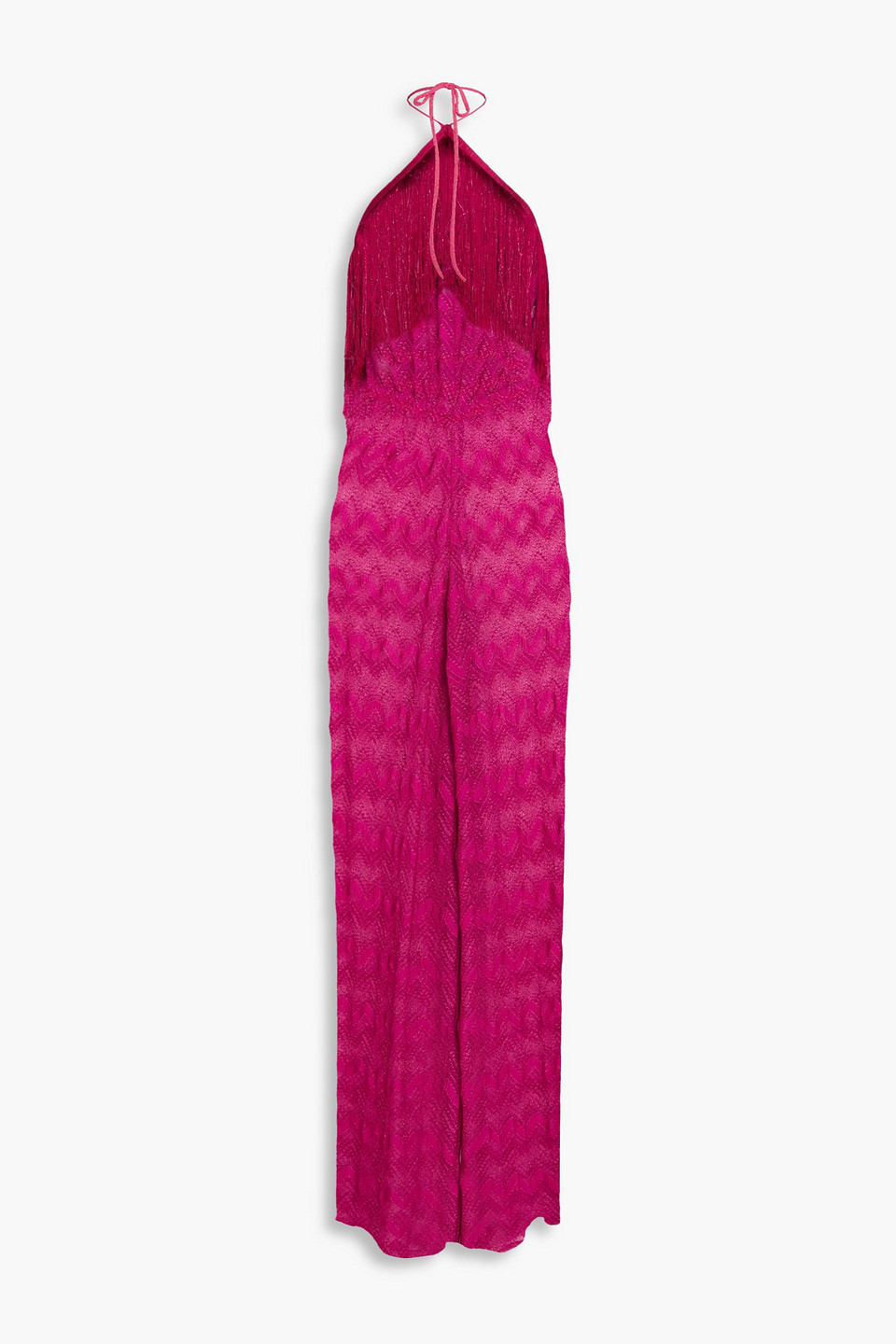 Missoni Fringed Metallic Crochet-knit Halterneck Jumpsuit In Pink