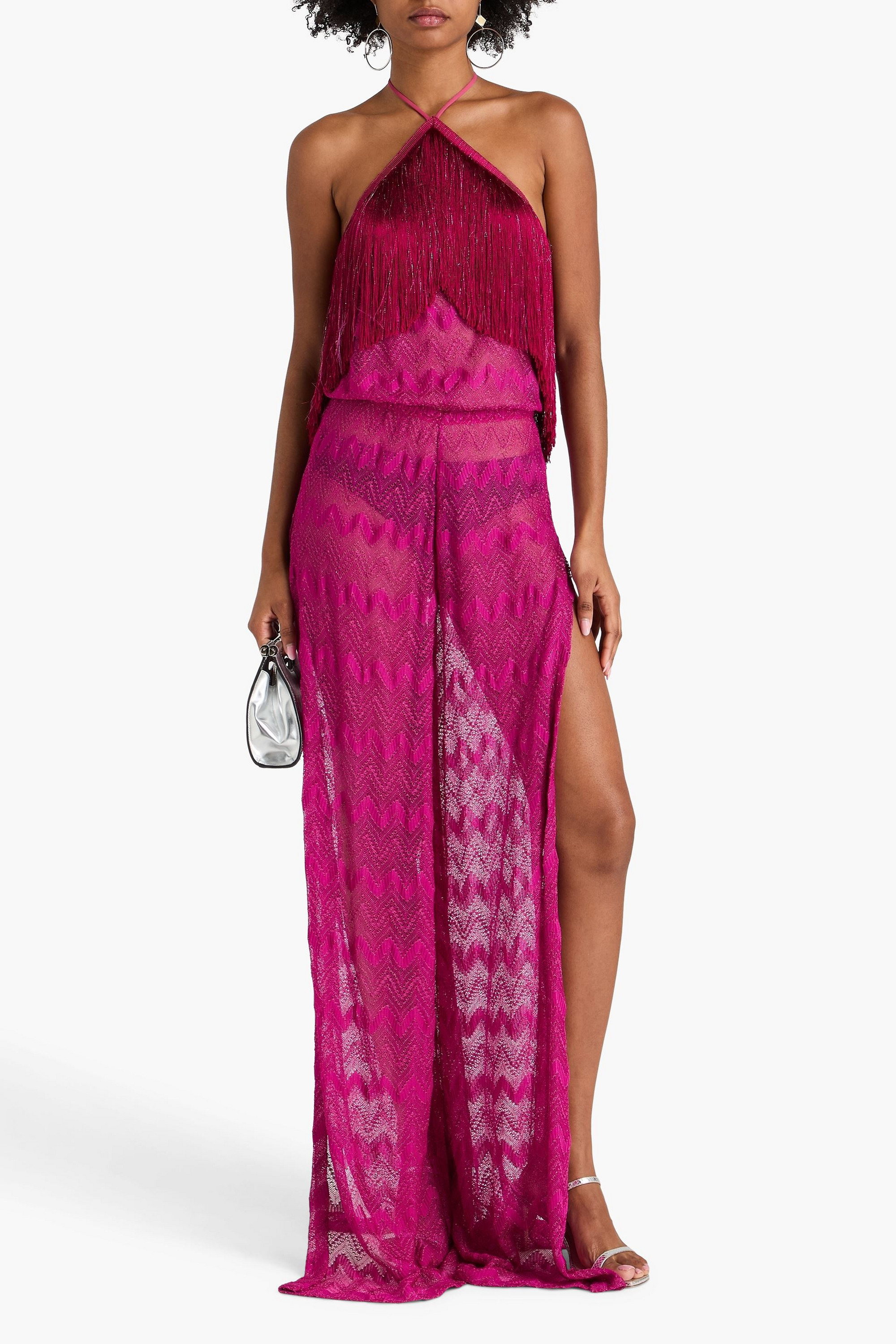 Missoni Fringed metallic crochet-knit halterneck jumpsuit