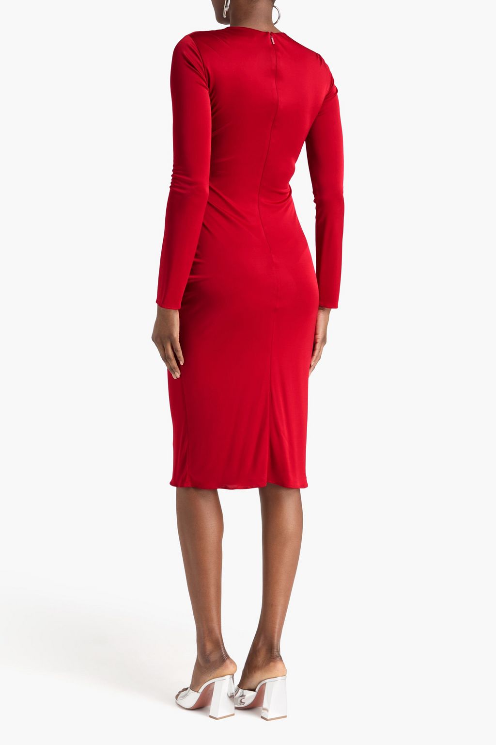 Versace Women's Long Sleeve Ruched Midi Dress with Safety Pin Detail in Red | Size: 40