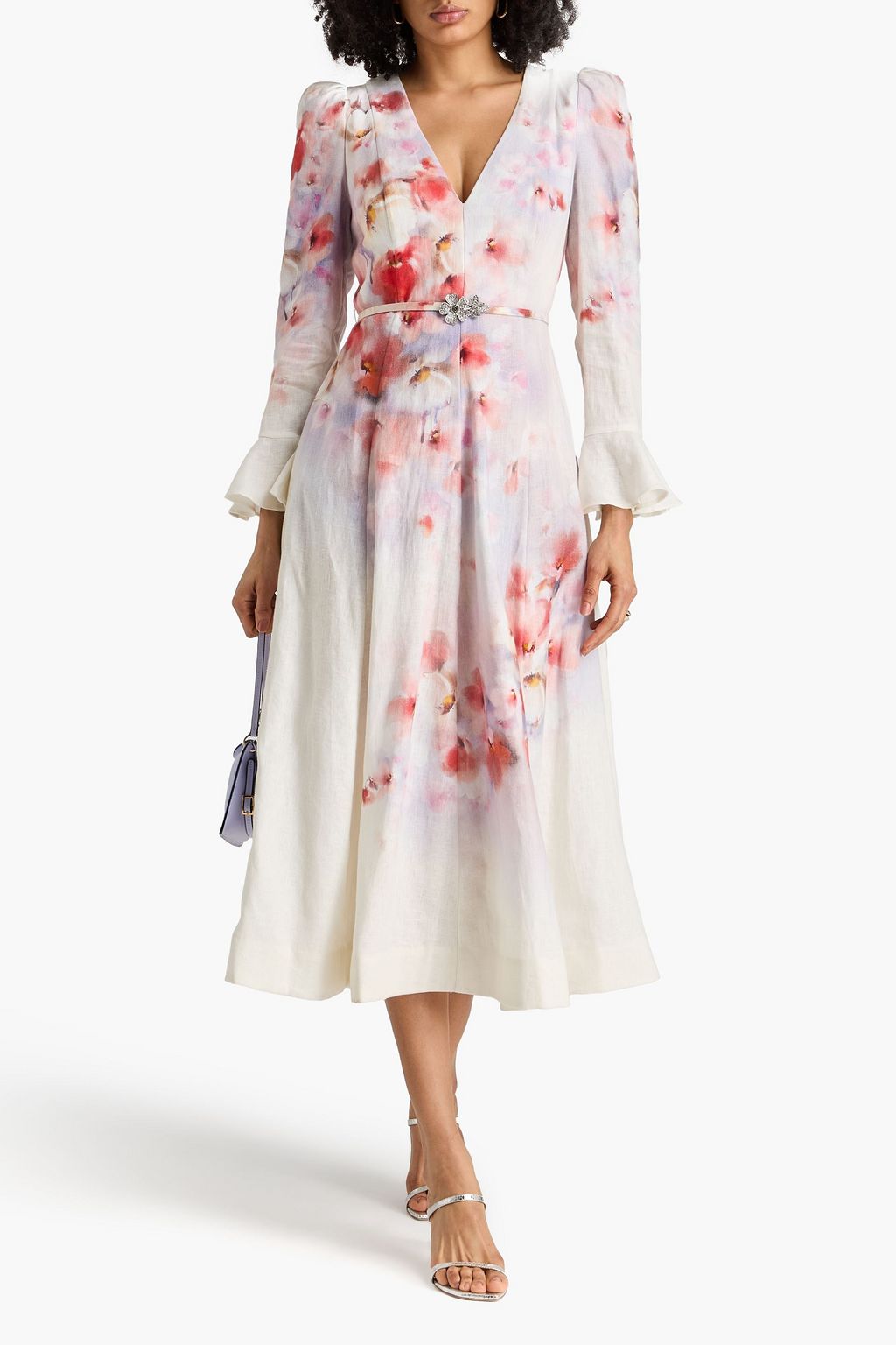 Belted floral-print linen midi dress - lilac - 00 Belted floral-print linen midi dress - lilac - 00