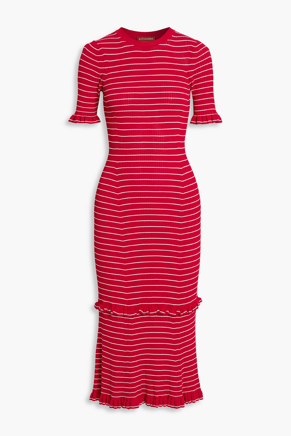 Altuzarra Ruffled Striped Ribbed-knit Midi Dress In Red
