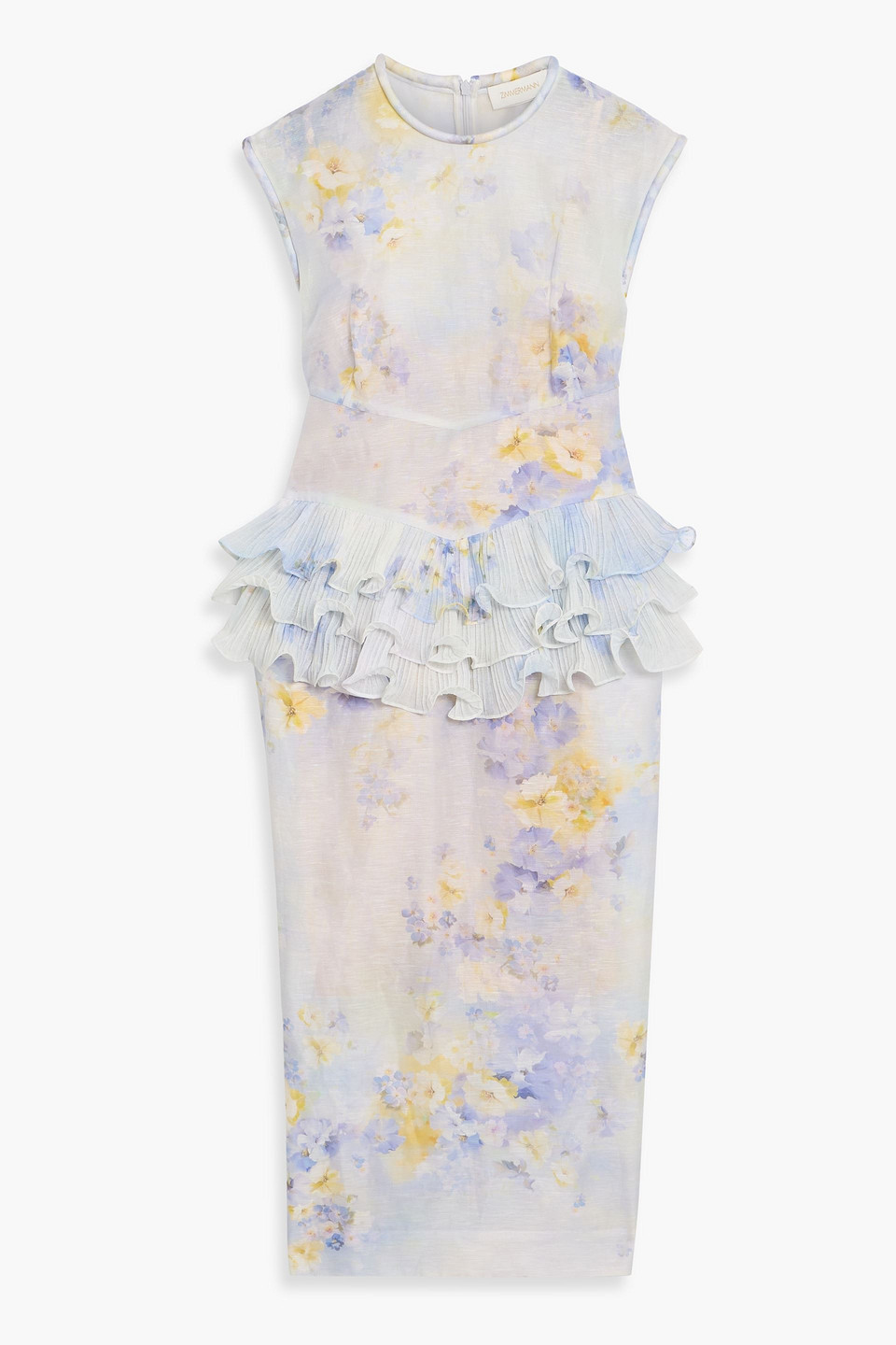 Zimmermann Ruffled Floral-print Linen And Silk-blend Gauze Midi Dress In Blue