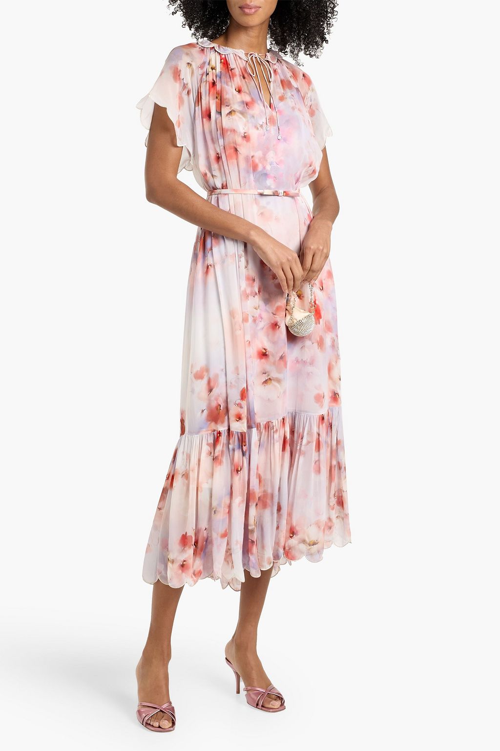 knee length dresses for ladies Zimmermann Acacia Scallop Midi Dress Lilac Floral Spaghetti  Naked Pear