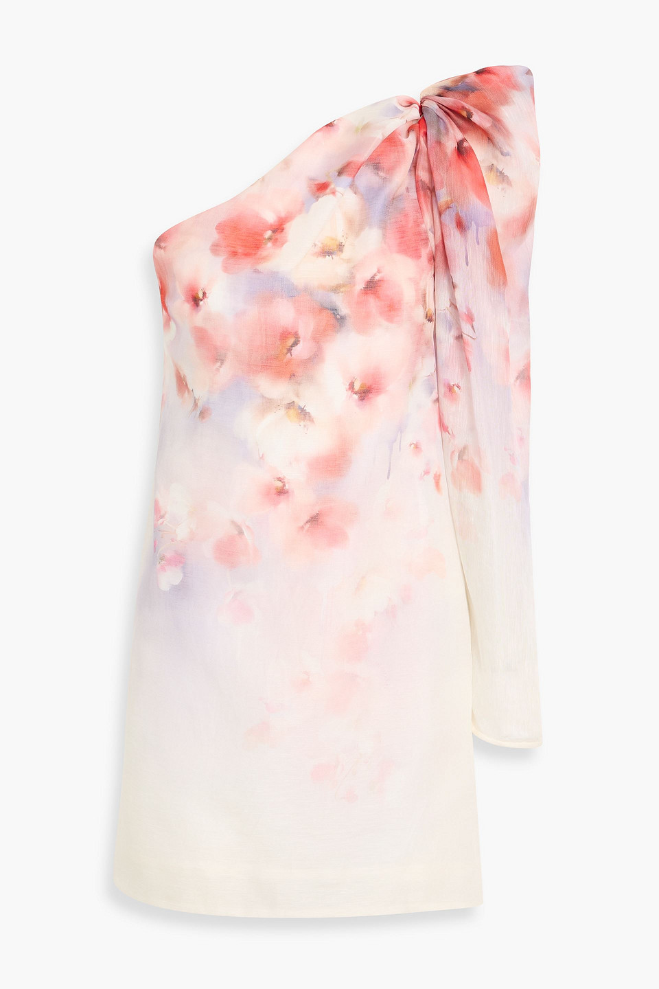 Zimmermann One-shoulder Floral-print Linen And Silk-blend Gauze Mini Dress In Multi