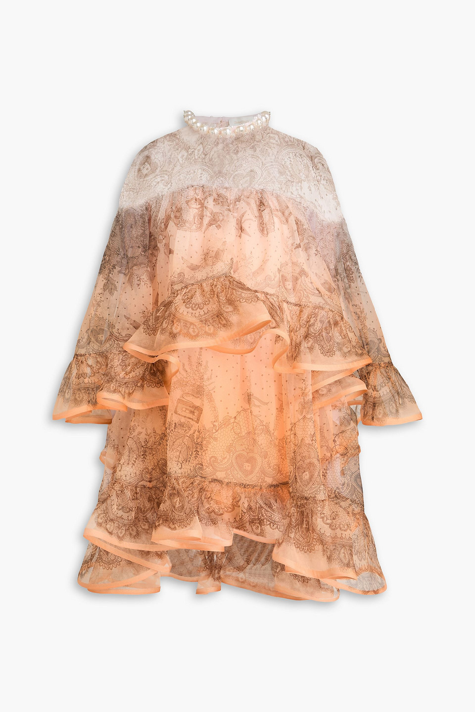zimmermann - faux pearl-embellished ruffled paisley-print silk-chiffon mini dress - orange - 1
