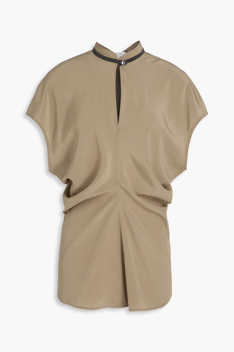 Brunello Cucinelli Bead-embellished Draped Silk-crepe Top In Brown