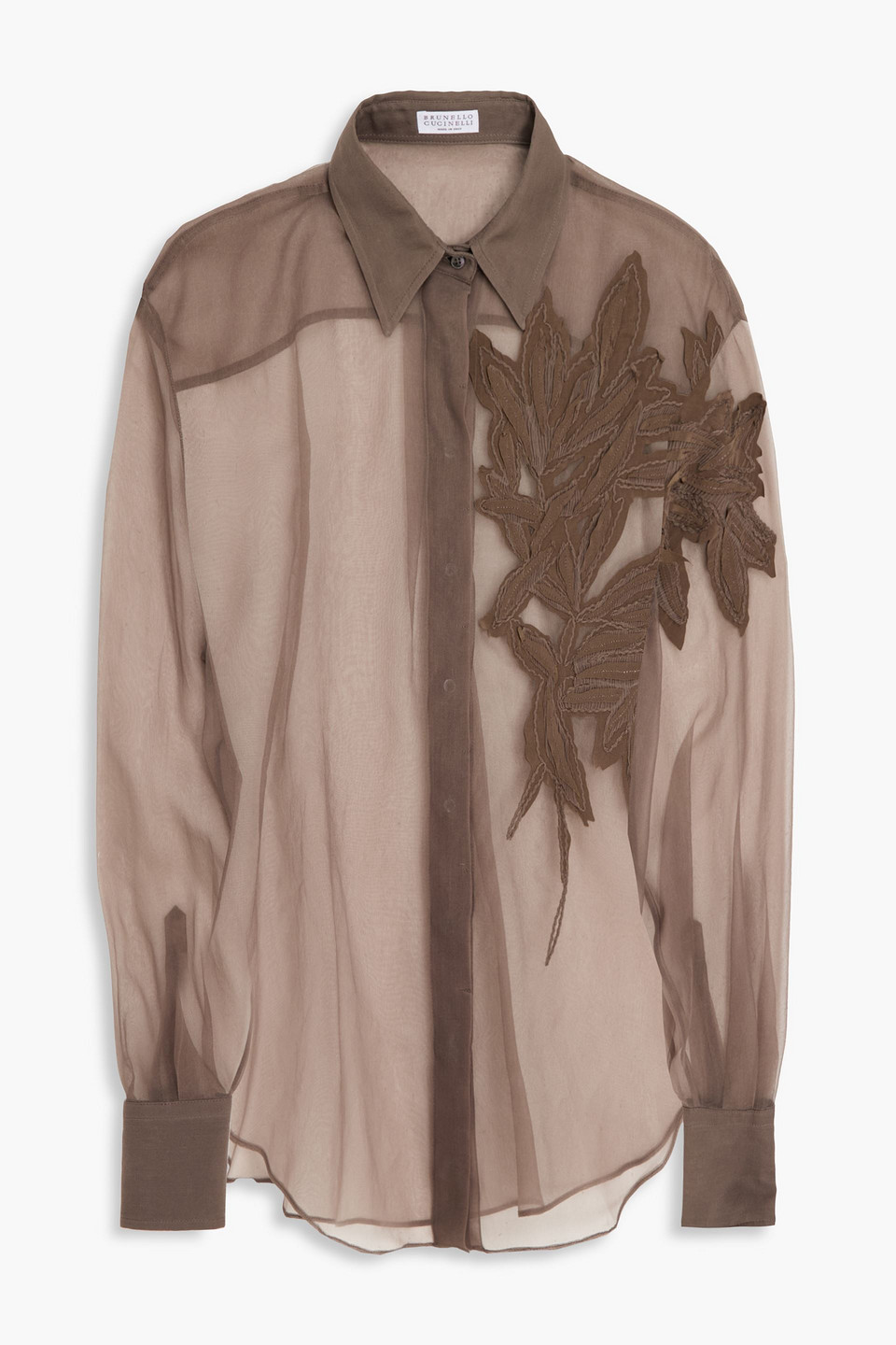 brunello cucinelli - appliquéd silk-organza shirt - brown - xxs