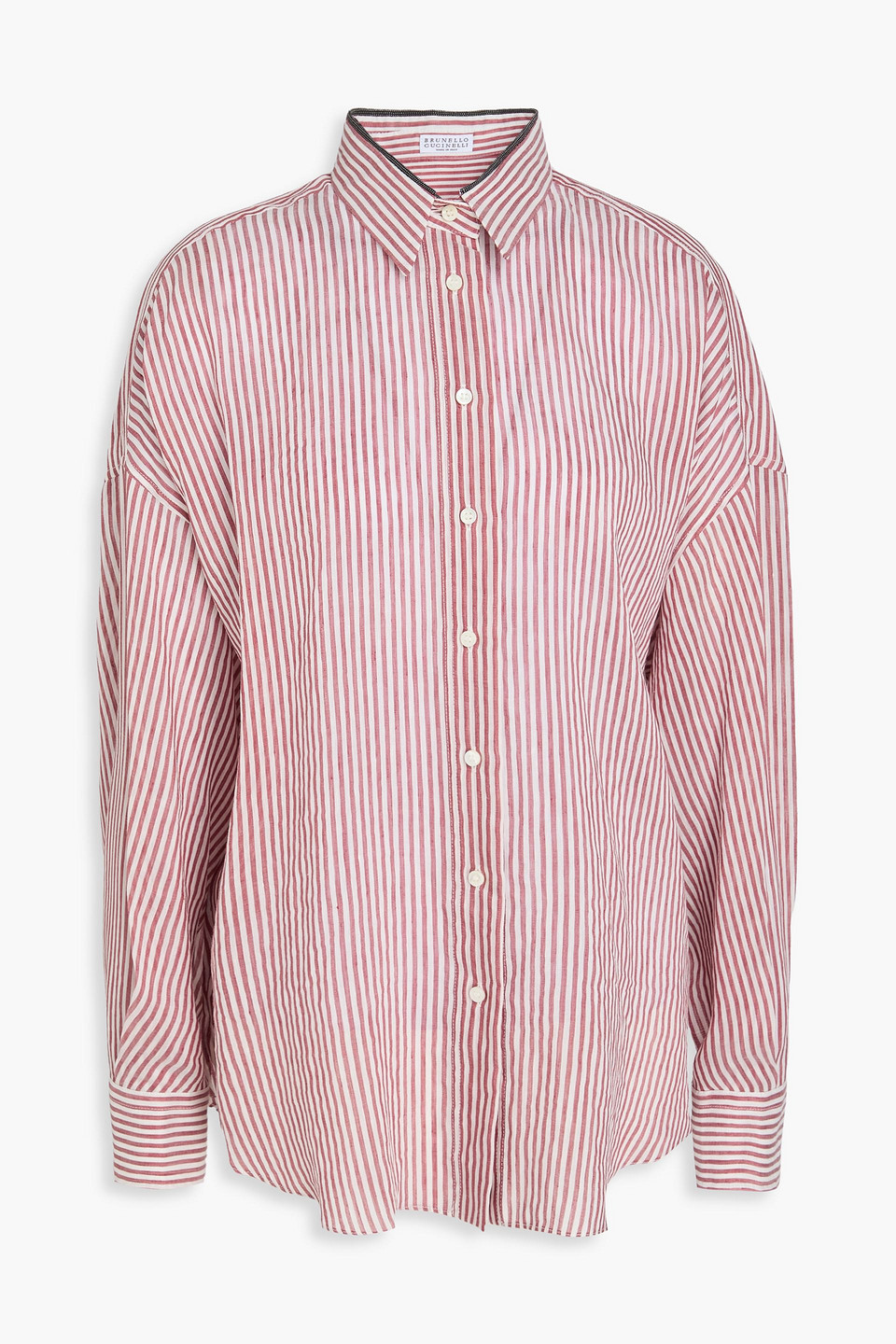 Brunello Cucinelli Striped Linen And Silk-blend Shirt In Burgundy