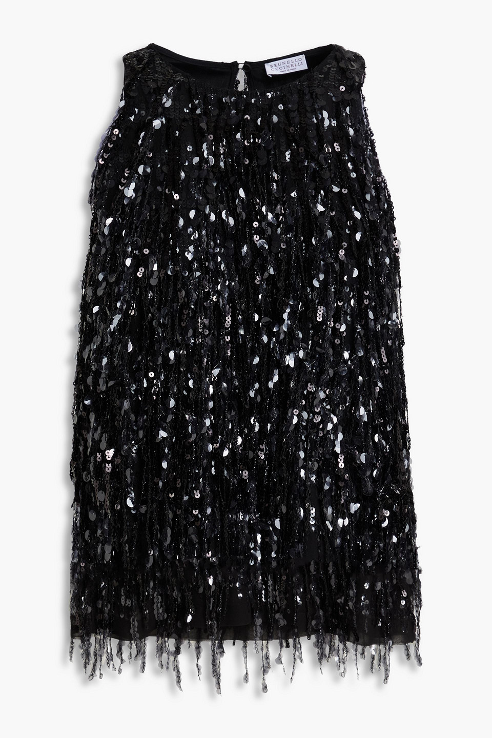 brunello cucinelli - fringed sequin-embellished silk-organza top - black - xs