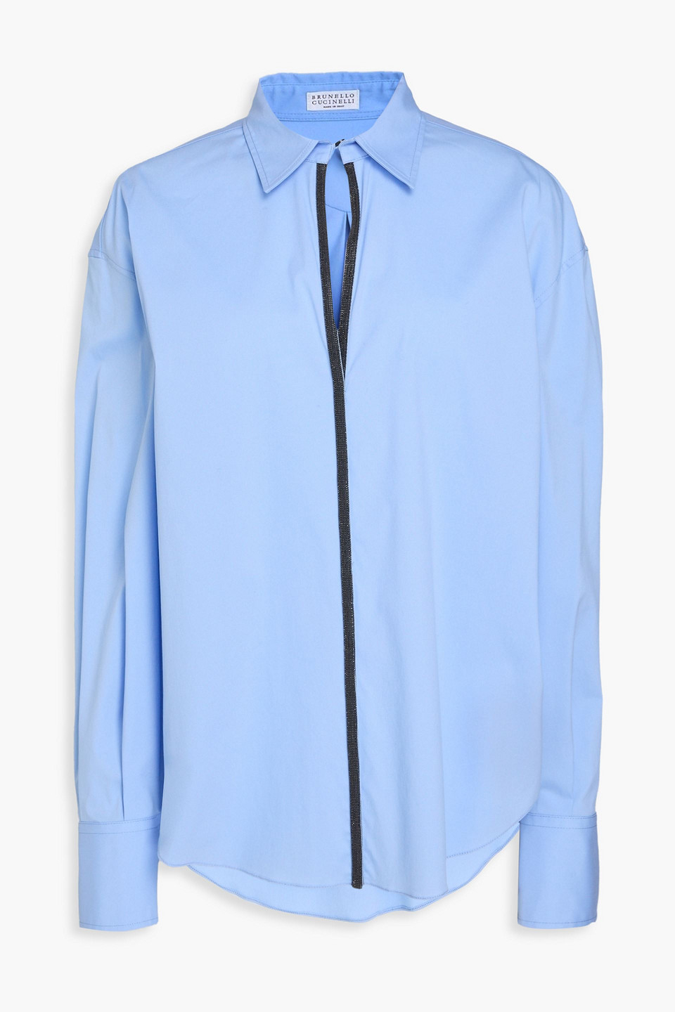 Brunello Cucinelli Bead-embellished Cotton-blend Poplin Blouse In Blue