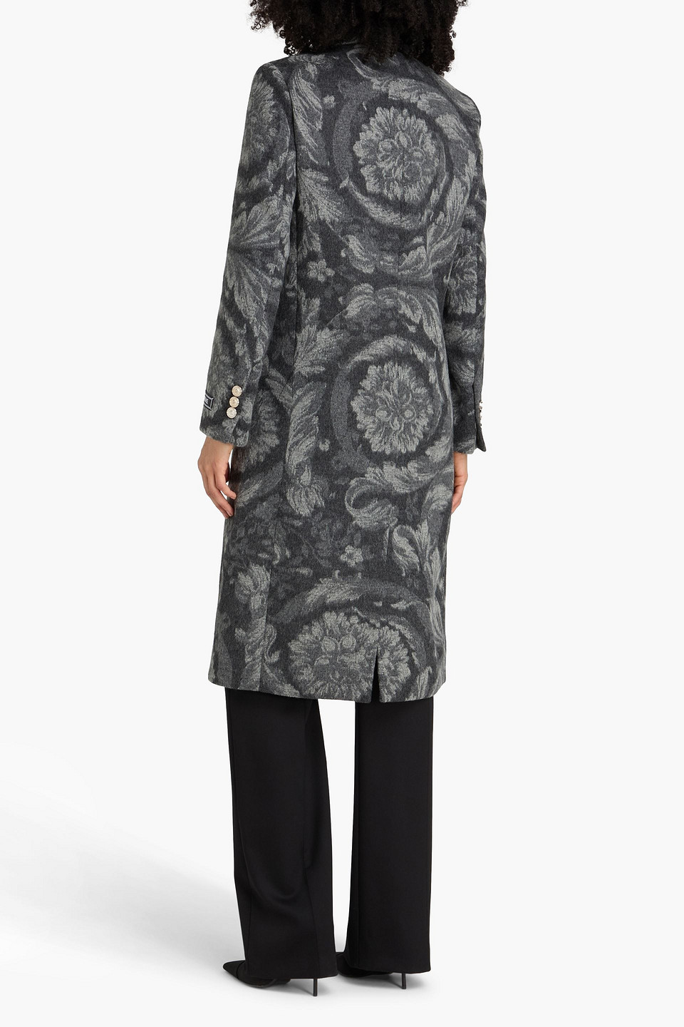  Versace - Doppelreihiger Mantel Aus Filz Aus Einer Woll-kaschmirmischung Mit Floralem Print - Grau - It 44 