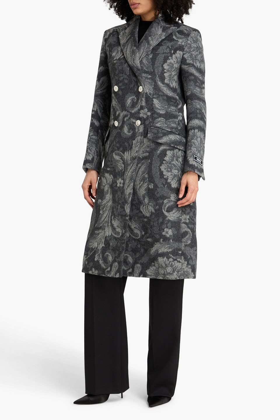  Versace - Doppelreihiger Mantel Aus Filz Aus Einer Woll-kaschmirmischung Mit Floralem Print - Grau - It 44 