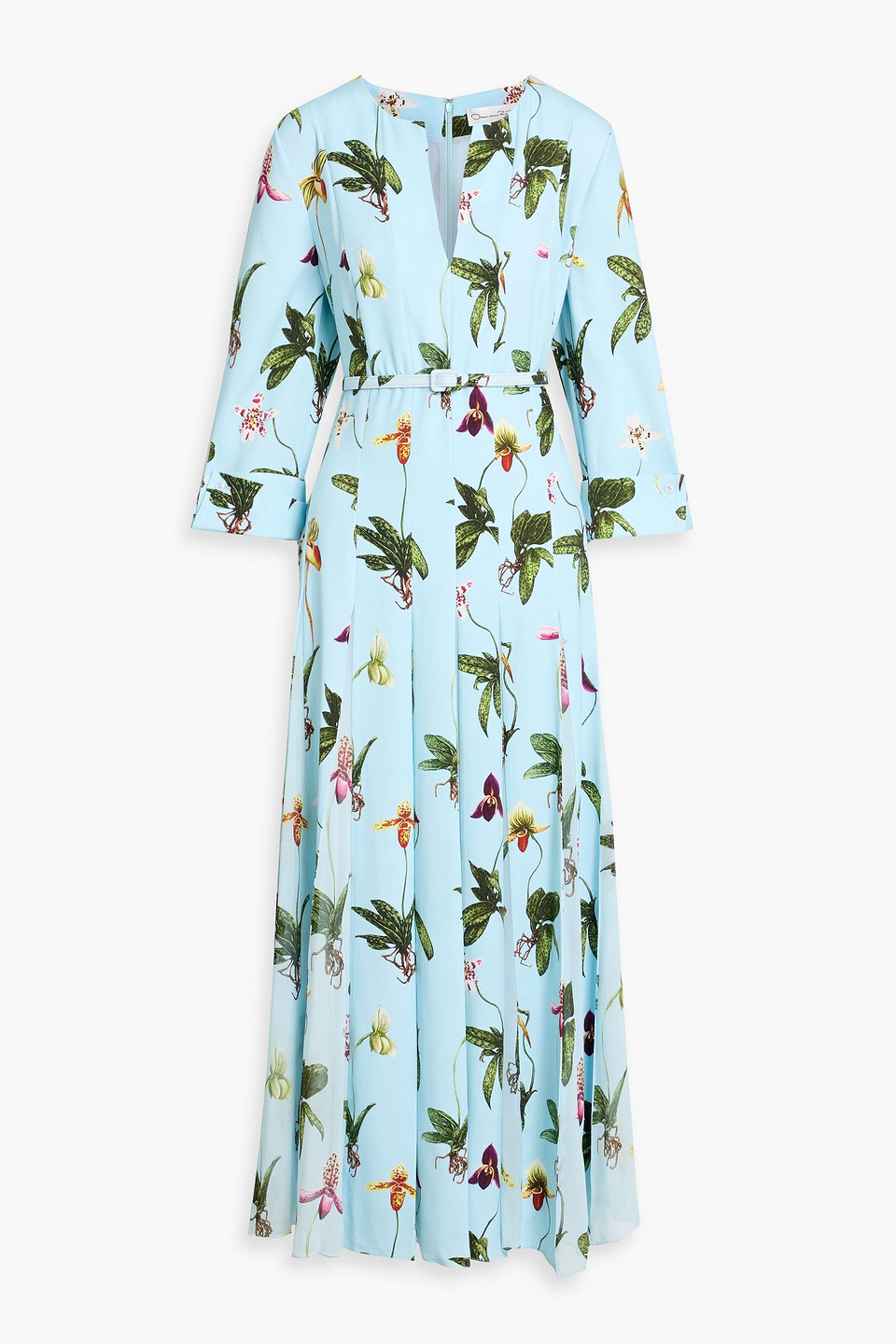 Oscar De La Renta Belted Floral-print Crepe And Voile Midi Dress In Multi