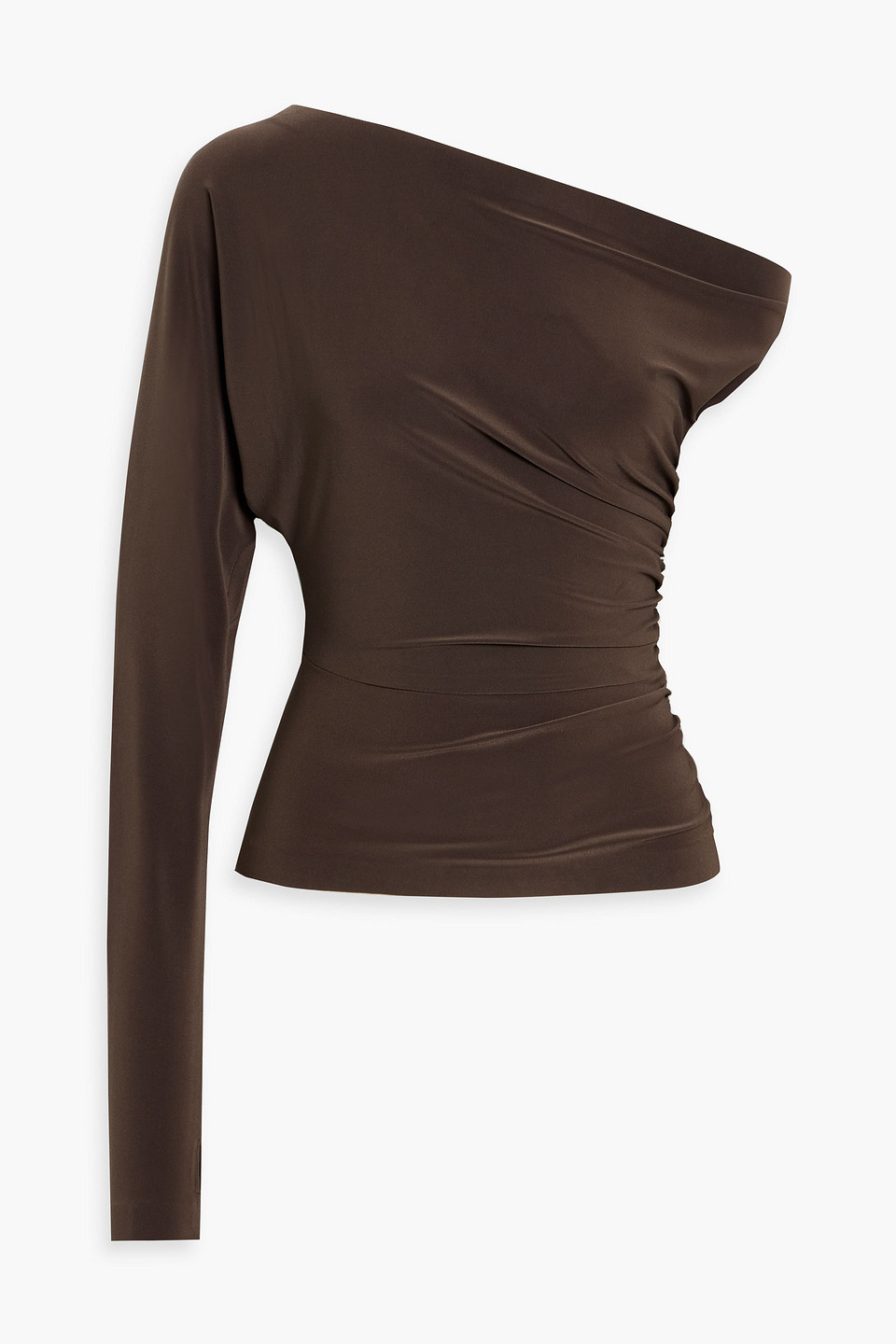 Norma Kamali One-sleeve Draped Stretch-jersey Top In Brown