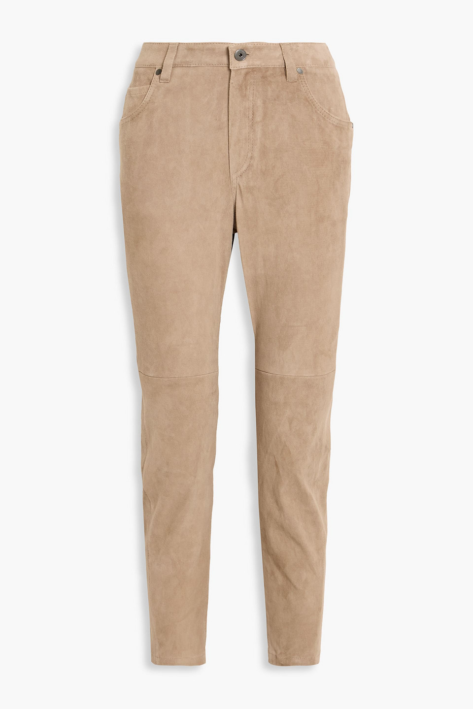 Brunello Cucinelli Bead-embellished Suede Slim-leg Pants In Brown