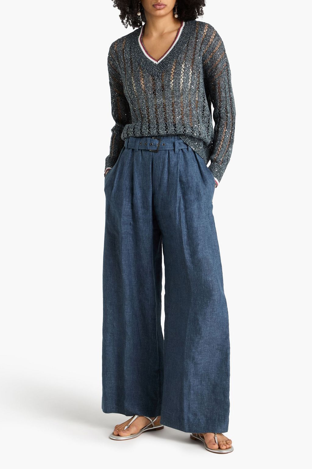 BRUNELLO CUCINELLI Sequin-embellished open-knit linen-blend