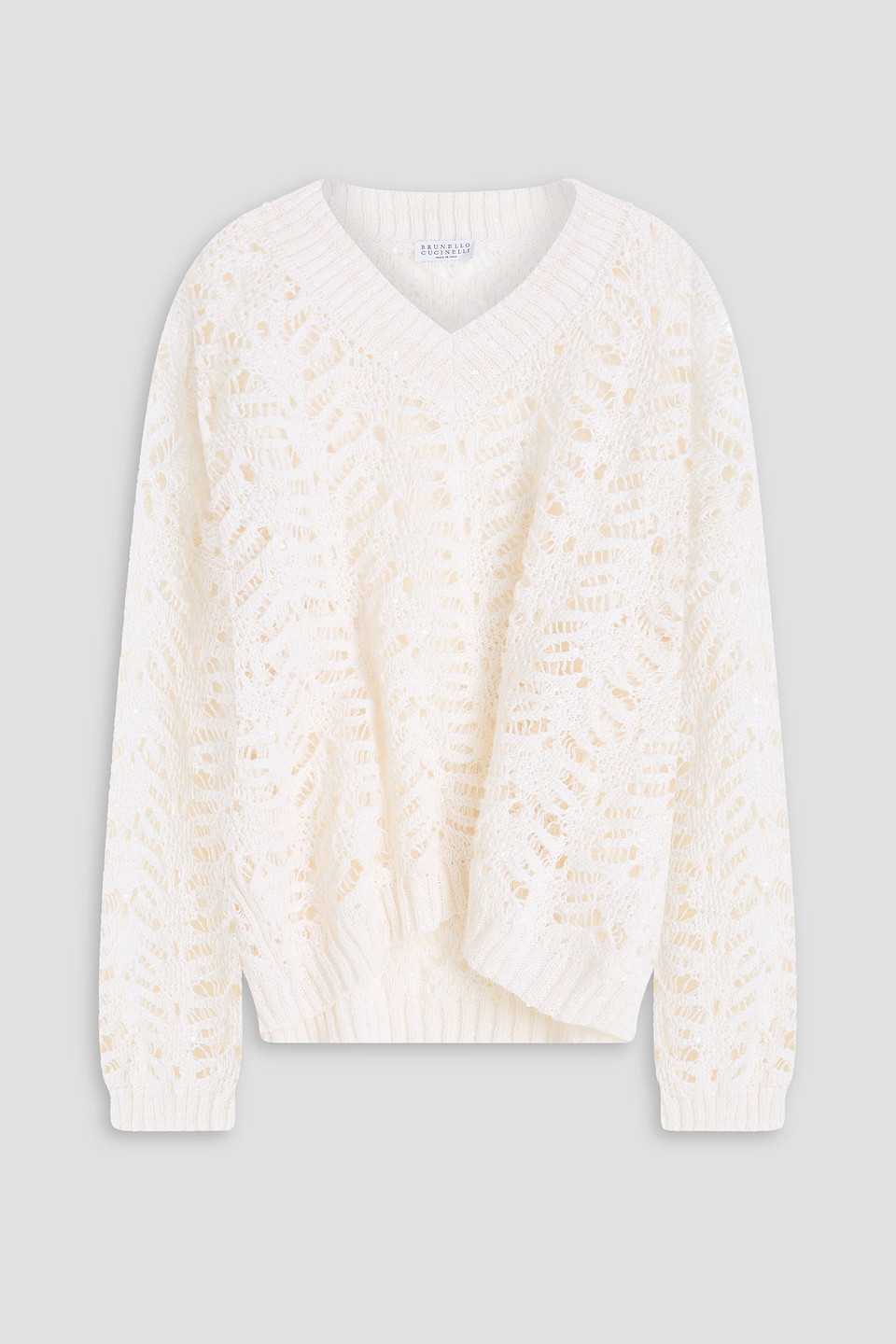 Brunello Cucinelli Sequin-embellished Open-knit Linen-blend Sweater In White